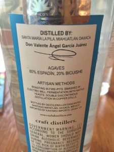 The back label of the San Andres Ensamble. 