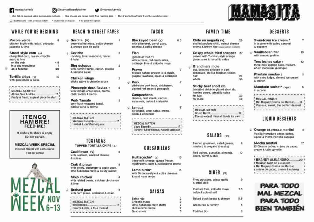 Mamasita's special Mezcal Week menu.